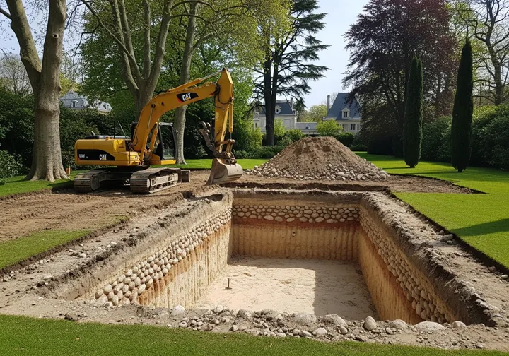 Terrassement pour piscine enterrée dans un jardin d'Écully